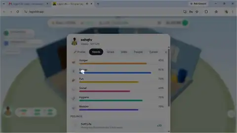 Lagos Life Needs panel showing Hunger, Energy, Fun, Social, Hygiene, and Bladder