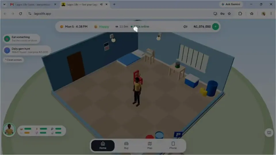 Lagos Life home interior with HUD naira and Home tab