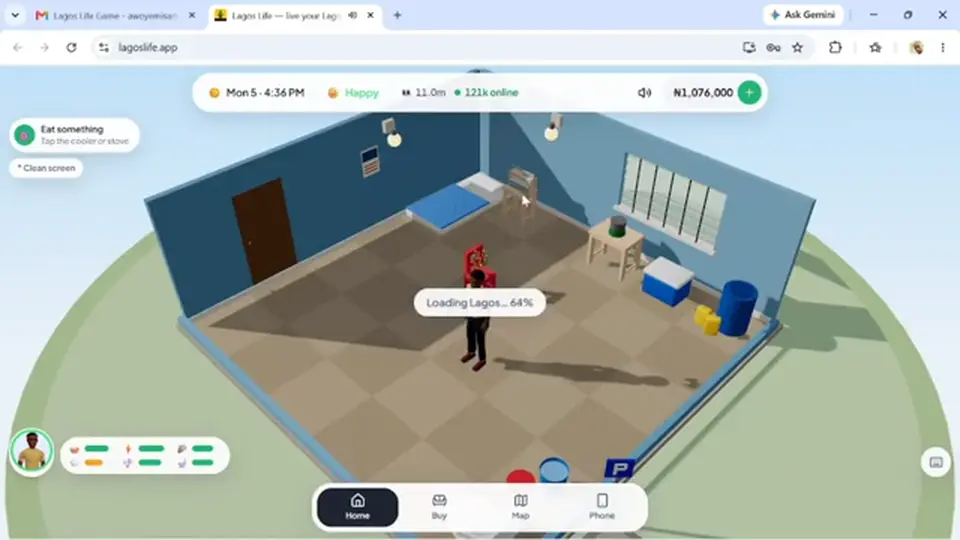 Lagos Life starter room with bed, cooler, and Home tab