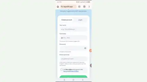 Lagos Life create-account form with username, password, and optional email