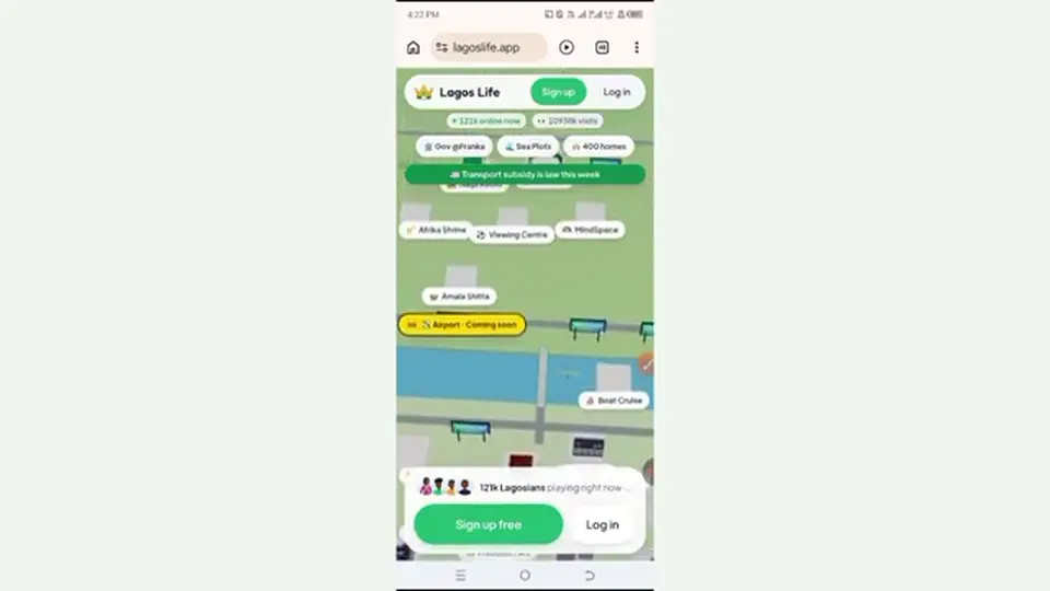 Lagos Life in a mobile browser at lagoslife.app with Sign up free
