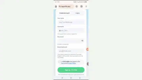 Lagos Life sign-up form with optional email and Sign up for free